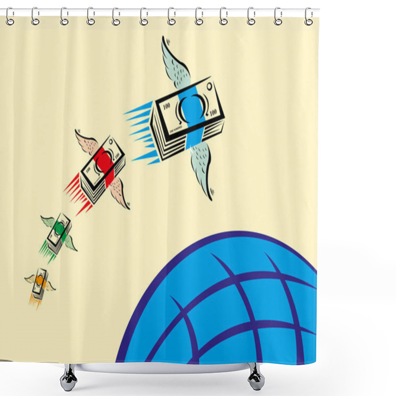 Personality  Flying Money Over A Blue Globe. Remittance Transfer Concept. Editable Clip Art. Shower Curtains