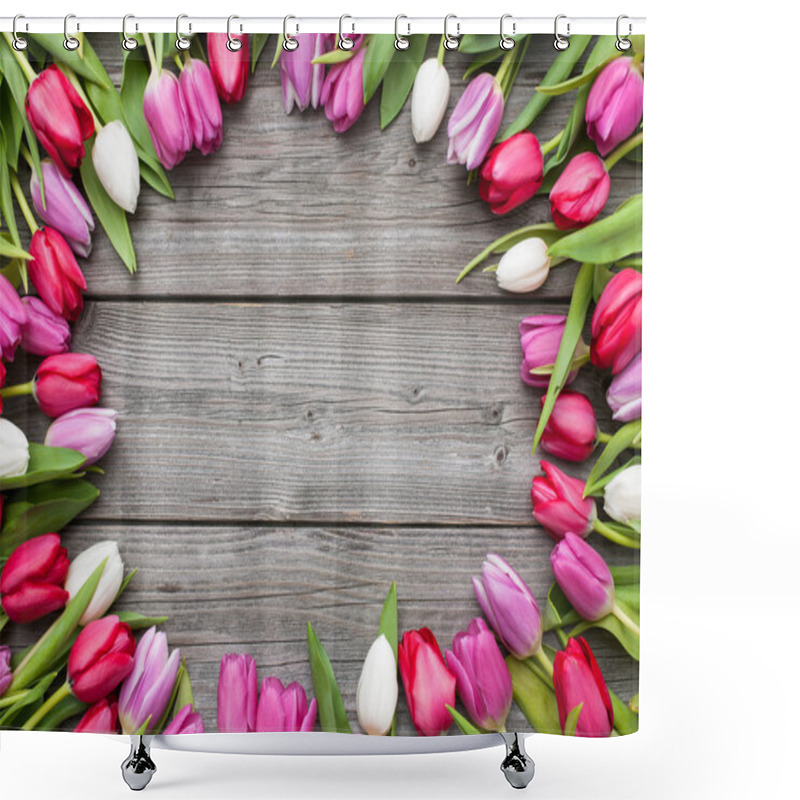 Personality  Tulips Arranged On Old Wooden Background Shower Curtains