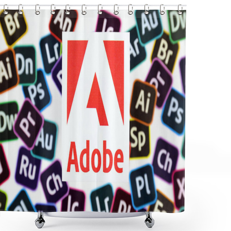 Personality  KHARKOV, UKRAINE - DECEMBER 26, 2020: Paper Logos Of Most Popular Adobe Products On White Background. Photoshop Illustrator Bridge Indesign Premierepro Aftereffects Lightroom Flashbuilder And Others Shower Curtains