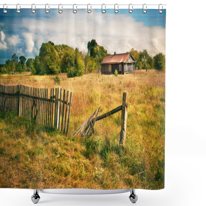 Personality  Old House With Wooden Fence On The Empty Meadow Shower Curtains