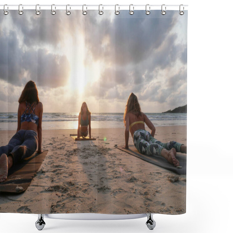 Personality  Group Of Female Practicing Yoga Together At Seashore At Sunset. Shower Curtains