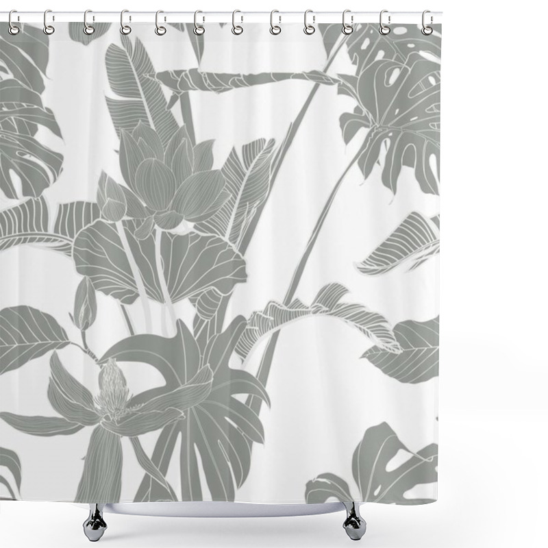 Personality  Tropical Exotic Floral Line Palm Leaves And Flowers Seamless Pattern, Line Background. Exotic Jungle Wallpaper. Shower Curtains