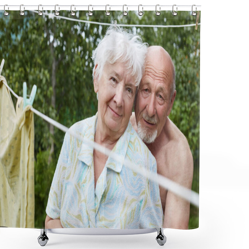 Personality  Authentic Shot Of Aging Couple In The Russian Village Yard. Bolded Tanned Man With Grey Beard Hugs His Partner With Love And Devotion, Woman Smiling With Tenderness.Love And Family Concept. Shower Curtains