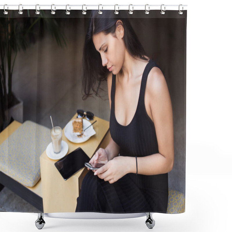 Personality  Woman Using Her Smartphone In Cafe Shower Curtains