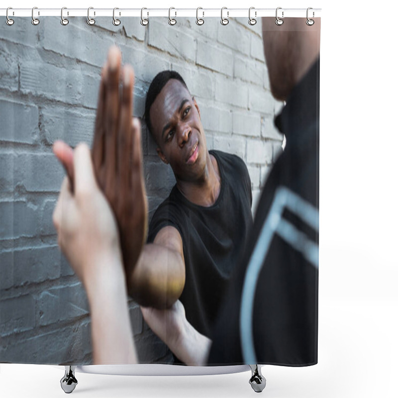 Personality  Selective Focus Of Injured African American Man Looking At Policeman Touching Hand, Racism Concept  Shower Curtains