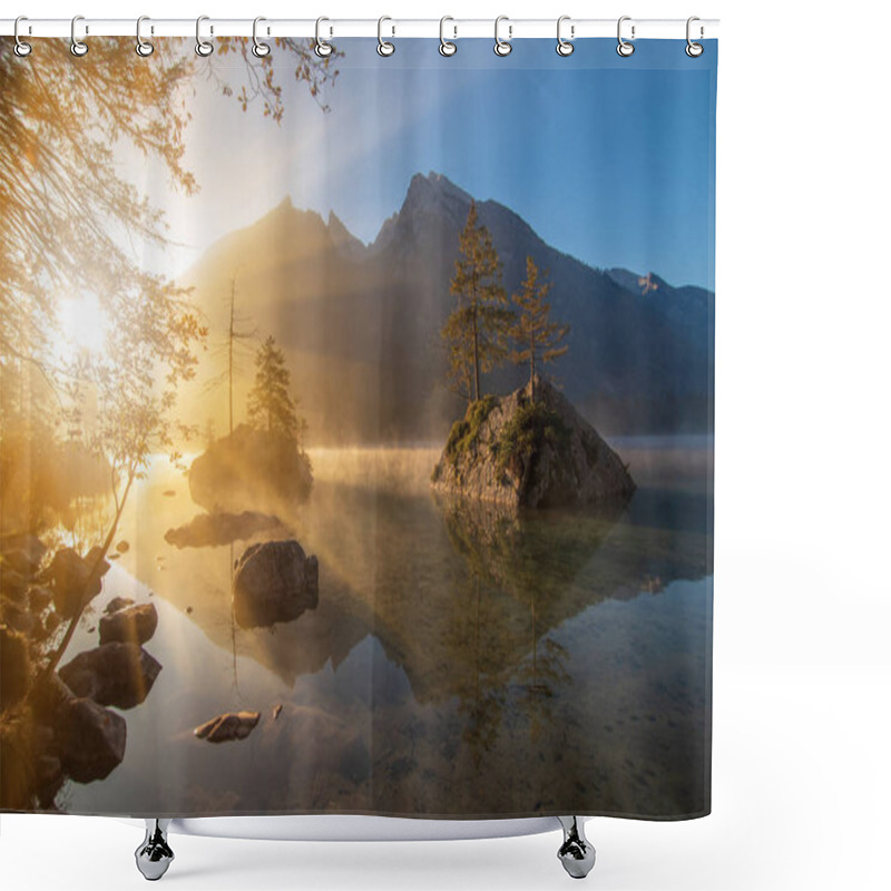 Personality  Amazing Sunrise On Hintersee Lake At Autumn Morning. Pine Trees On Stones Reflected In The Water. The Fog Spreads Over The Water. Magic Painterly Scene In Berchtesgaden Alps, Germany Shower Curtains