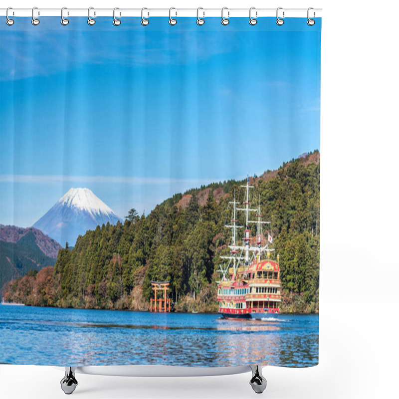 Personality  Mountain Fuji And Lake Ashi With Hakone Temple And Sightseeing Boat In Autumn Shower Curtains