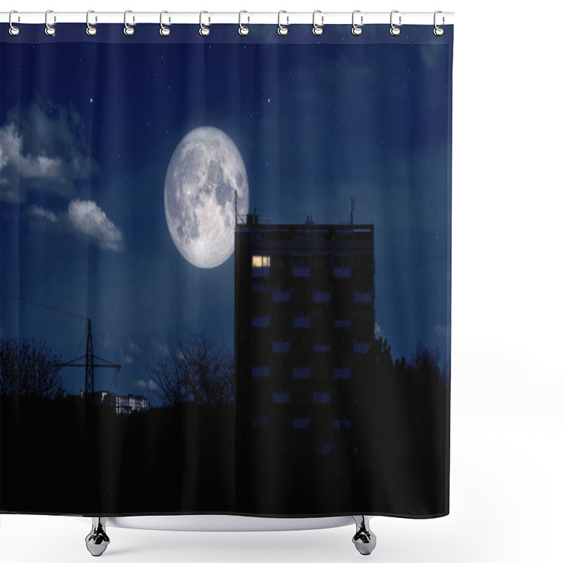 Personality  Full Moon Over A Modern Building Shower Curtains