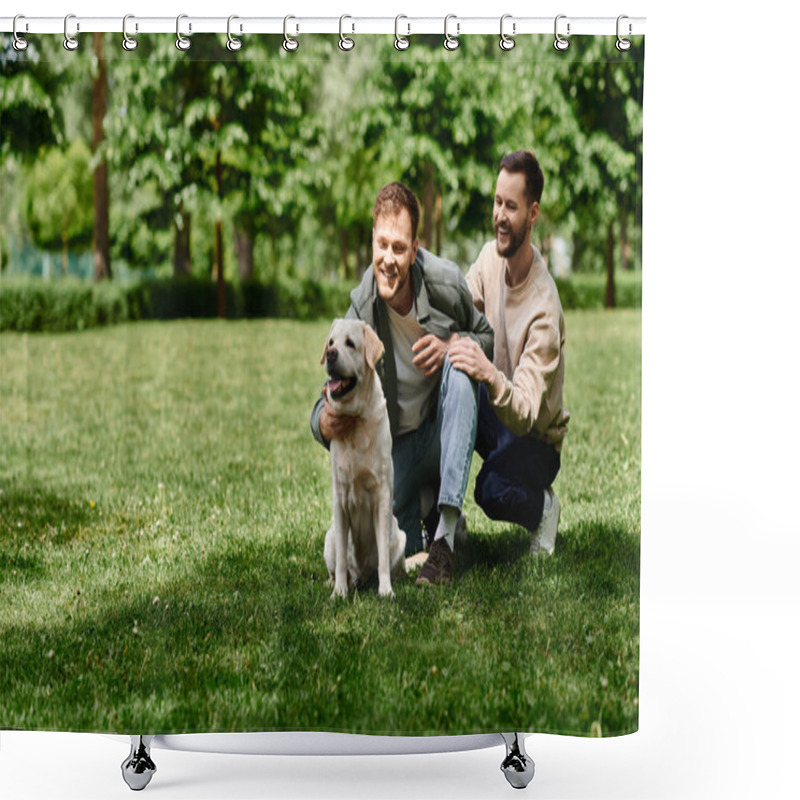 Personality  A Bearded Gay Couple Spends A Sunny Afternoon In The Park With Their Labrador Retriever. Shower Curtains