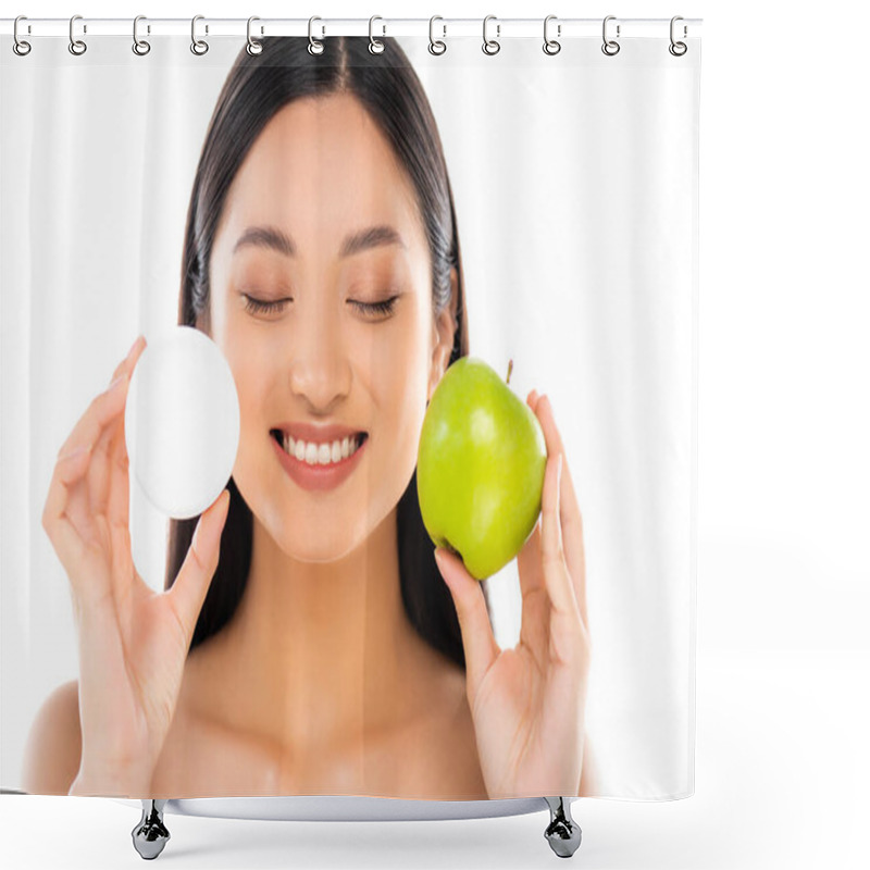 Personality  Naked Asian Woman With Closed Eyes Holding Whole Green Apple And Cosmetic Cream Near Face Isolated On White Shower Curtains