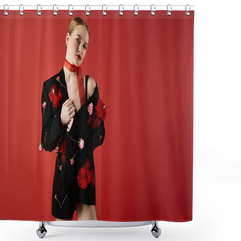 Personality  A Young Woman Elegantly Showcases Floral Accents With A Striking Red Background. Shower Curtains