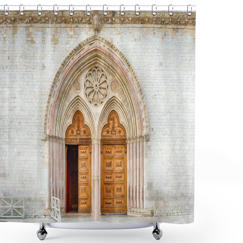 Personality  Main Portal Of The Basilica Of Saint Francis, Assisi, One Of The Most Important Places Of Christian Pilgrimage In Italy. UNESCO World Heritage Site Since 2000 Shower Curtains