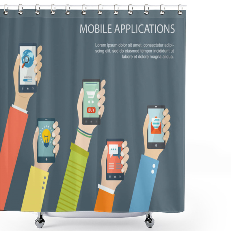 Personality  Mobile Application Concept. Hands Holding Phones. Shower Curtains