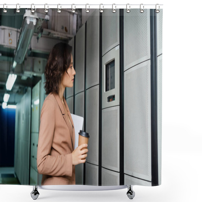 Personality  Side View Of Engineer With Digital Tablet And Coffee To Go Looking At Control Panel On Server Shower Curtains