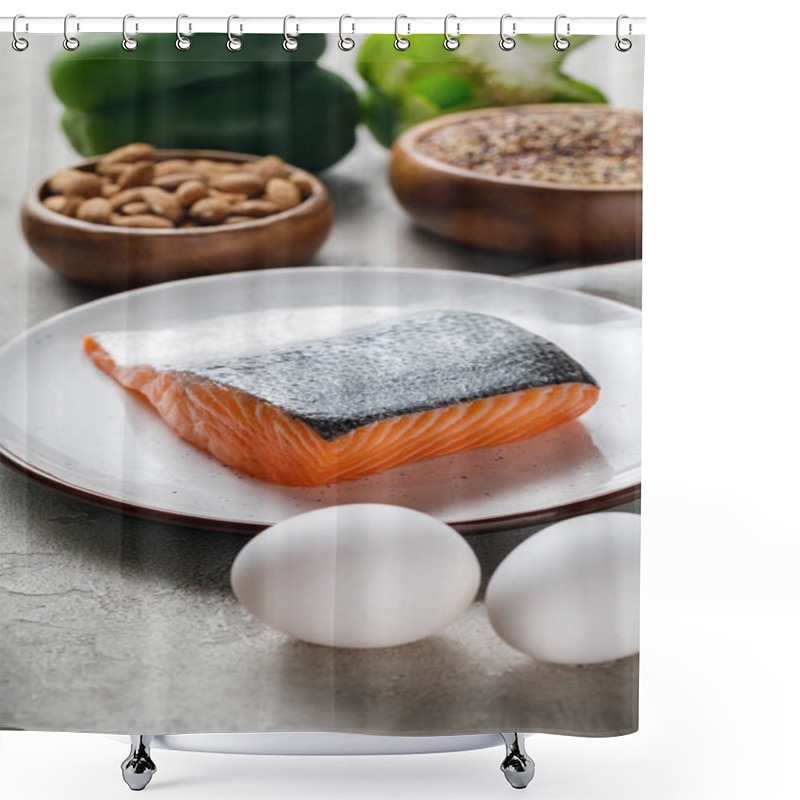 Personality  Selective Focus Of Fresh Raw Salmon On White Plate Near Nuts And Eggs, Ketogenic Diet Menu Shower Curtains