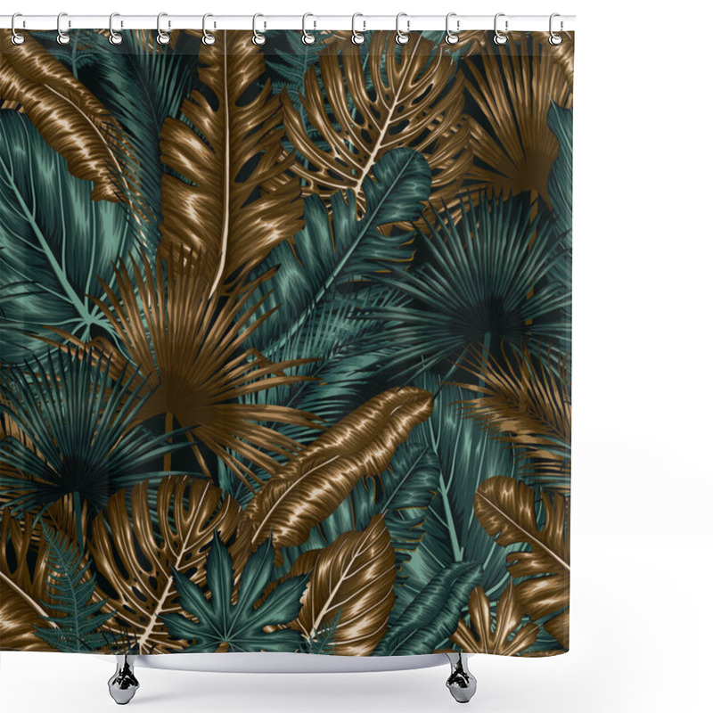 Personality   Seamless Vector Pattern With Golden And Emerald Tropical Plants. Exotic Palm And Banana Leaves, Aralia, Monstera, Fern, Elephant Ear Leaf Shower Curtains