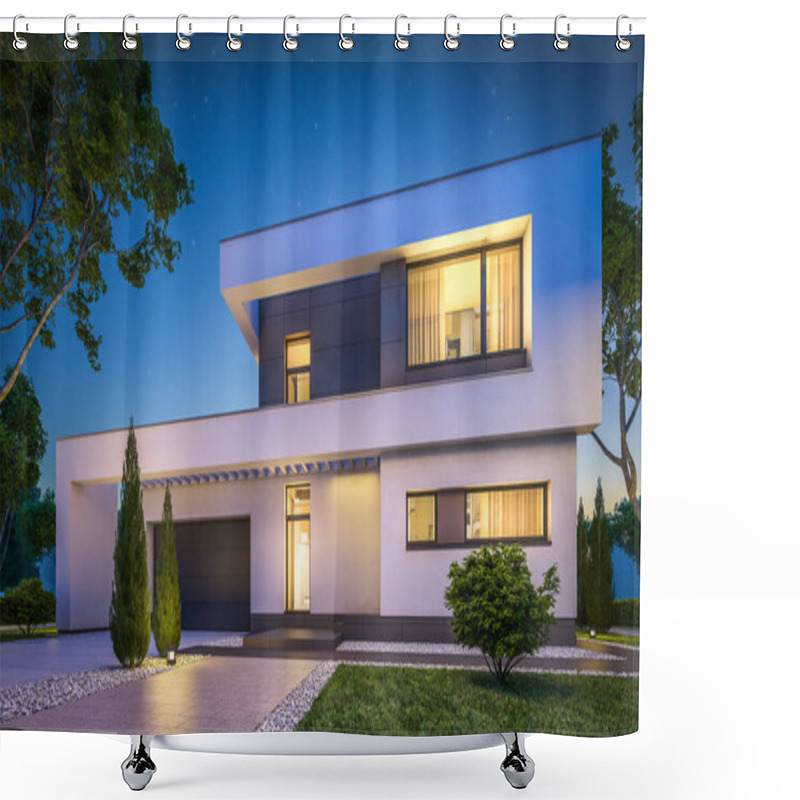 Personality  3d Rendering Of Modern House At Night Shower Curtains