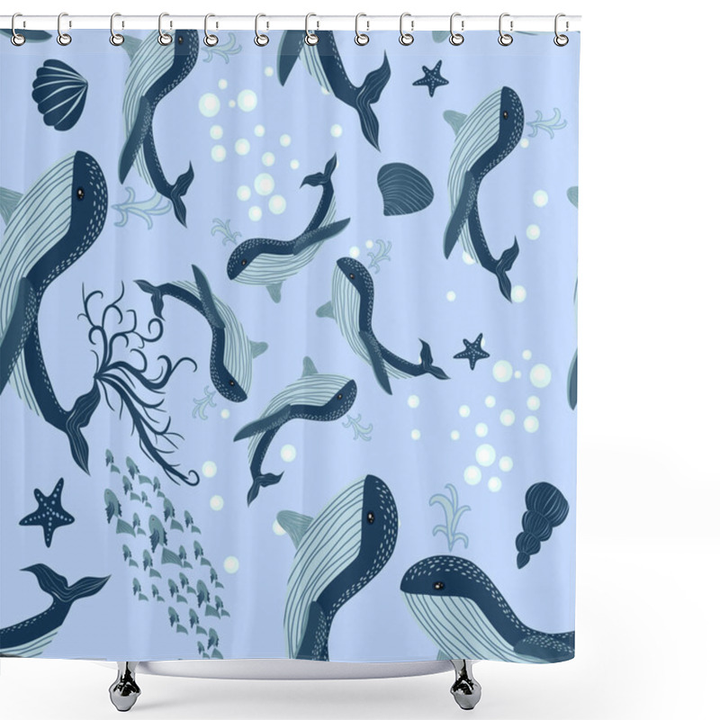 Personality  Seamless Pattern Cute Adorable Ocean Blue Whale, Fish, Sea Anchor, Seaweed, Wave, Pastel Colorful Background Illustration, Hand Draw Doodle Cartoon Shower Curtains