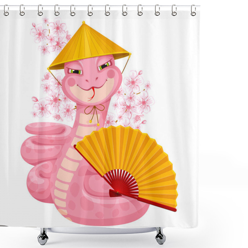 Personality  Pink Cartoon Snake, Symbol Of Chinese Lunar New Year 2025. Cute Smiling Snake Wearing Traditional Conical Asian Straw Hat, Holds Hand Fan. Blooming Sakura On Background. Vector Illustration Shower Curtains