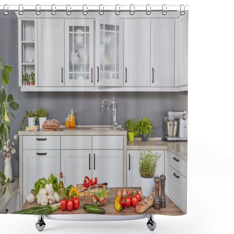 Personality  Front View Of A Cooking Counter Top In A Modern Kitchen Shower Curtains