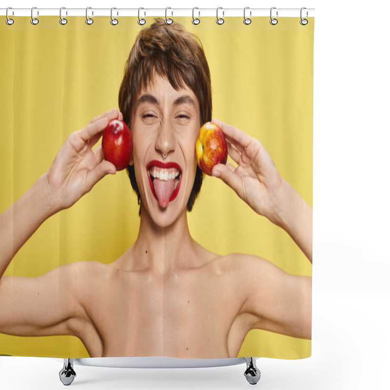 Personality  A Man Playfully Holds Two Peaches. Shower Curtains