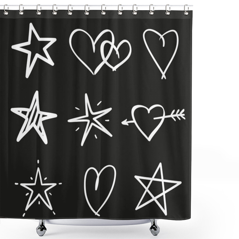 Personality  Abstract White Stars And Hearts On Isolated Black Background. Freehand Art. Black And White Illustration Shower Curtains