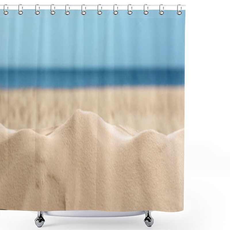 Personality  Beautiful Beach With Golden Sand Near Sea, Closeup View. Banner Design Shower Curtains