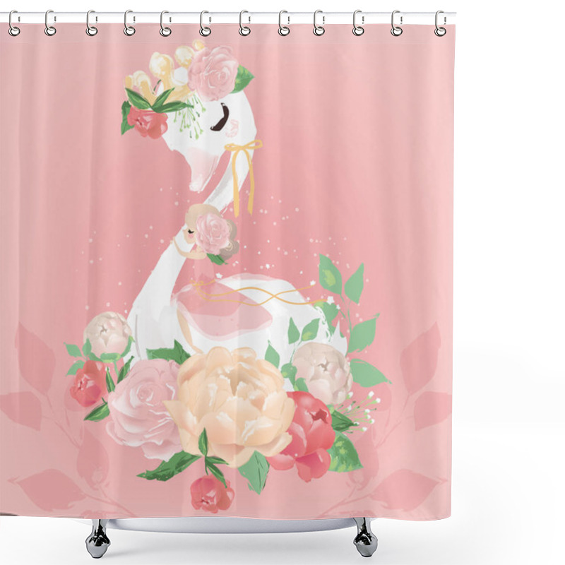 Personality  Beautiful Illustration Of Swan Bird And Little Fairy Girl With Crown And Flowers On Pink Background Shower Curtains