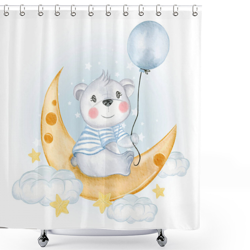 Personality  Baby Bear Holding Balloon On Moon Clouds Shower Curtains