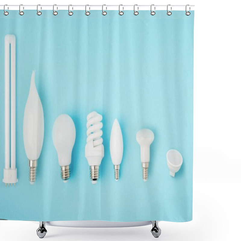 Personality  Flat Lay With Arranged Various Light Bulbs Isolated On Blue Shower Curtains