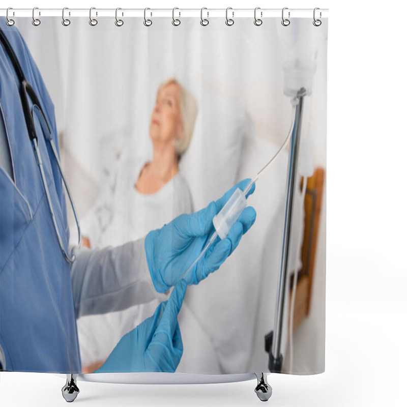 Personality  Nurse In Latex Gloves Standing Near Intravenous Therapy Station In Hospital Ward  Shower Curtains