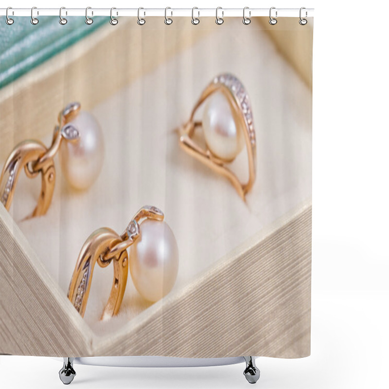 Personality   Set Of Gold Earrings And Rings With Pearls Shower Curtains