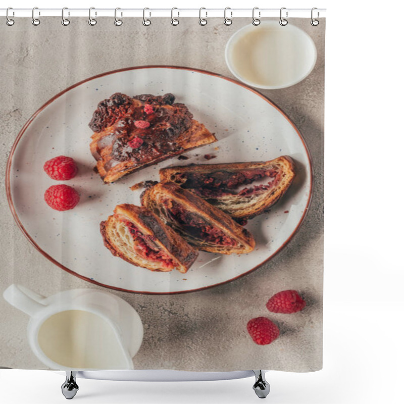 Personality  Flat Lay With Arranged Jug And Cup Of Milk And Sweet Pastry With Raspberries On Plate On Light Tabletop Shower Curtains