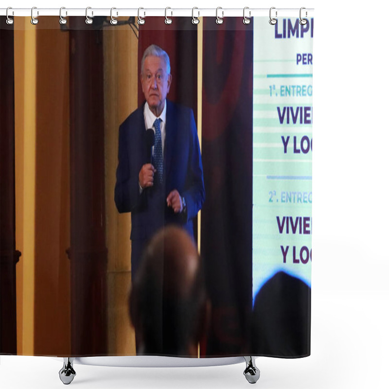 Personality  January 17, 2024 In Mexico City, Mexico: Mexican President Andrs Manuel Lpez Obrador Speaks At The Morning Conference In Front Of Reporters At The National Palace On January 17, 2023 In Mexico City, Mexico. Shower Curtains