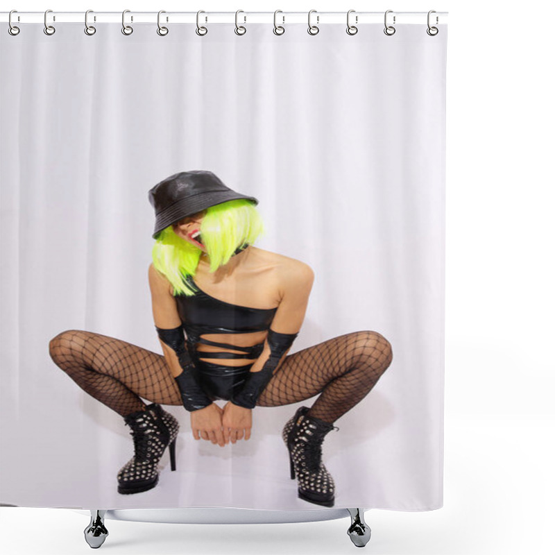 Personality  Fashion Playful Sexy Model In White Studio. Cyberpunk Party Style. Clubbing, Streaming, Halloween Concept Shower Curtains