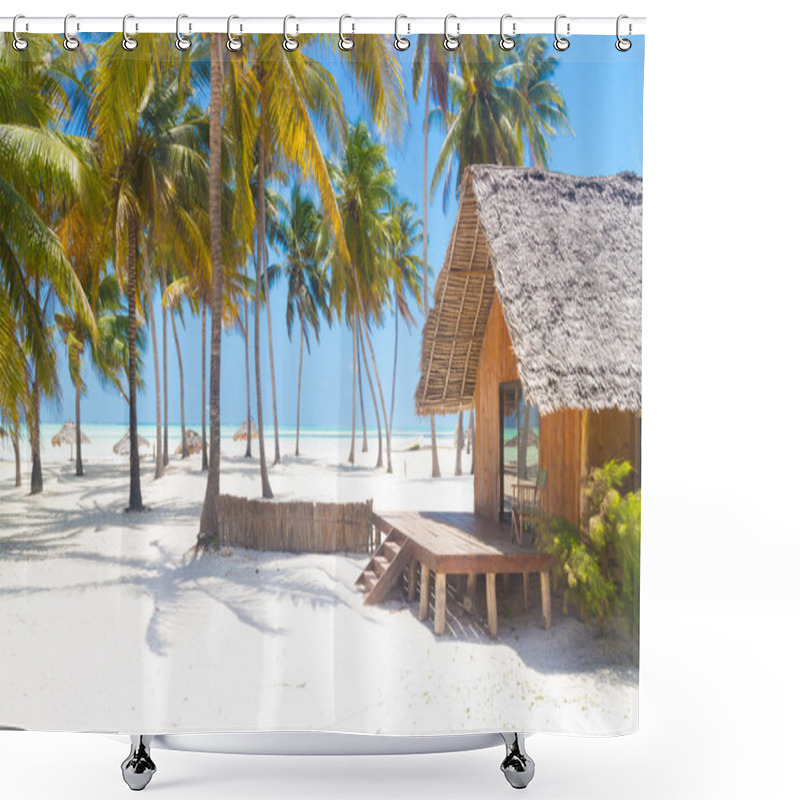 Personality  Wooden Bungalow On Tropical White Sandy Beach. Shower Curtains