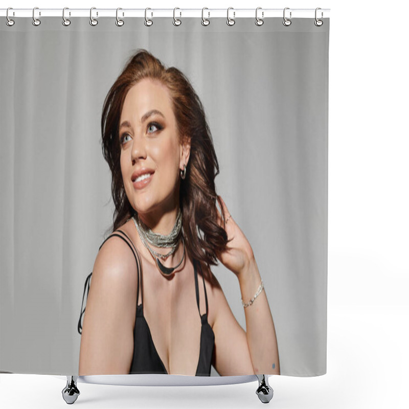 Personality  A Young Beautiful Woman Poses Gracefully In Elegant Attire, Exuding Confidence And Charm. Shower Curtains