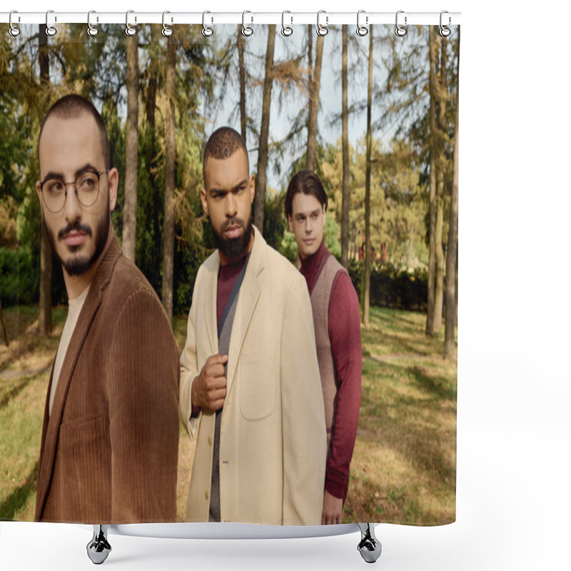 Personality  Three Fashionable Men Showcase Autumn Styles While Enjoying A Peaceful Outdoor Setting Bathed In Warm Hues. Shower Curtains