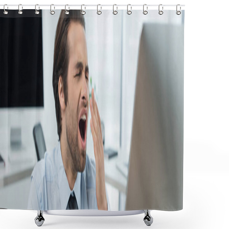 Personality  Sleepy Guard Covering Mouth With Hand While Yawning Near Blurred Monitors, Banner Shower Curtains