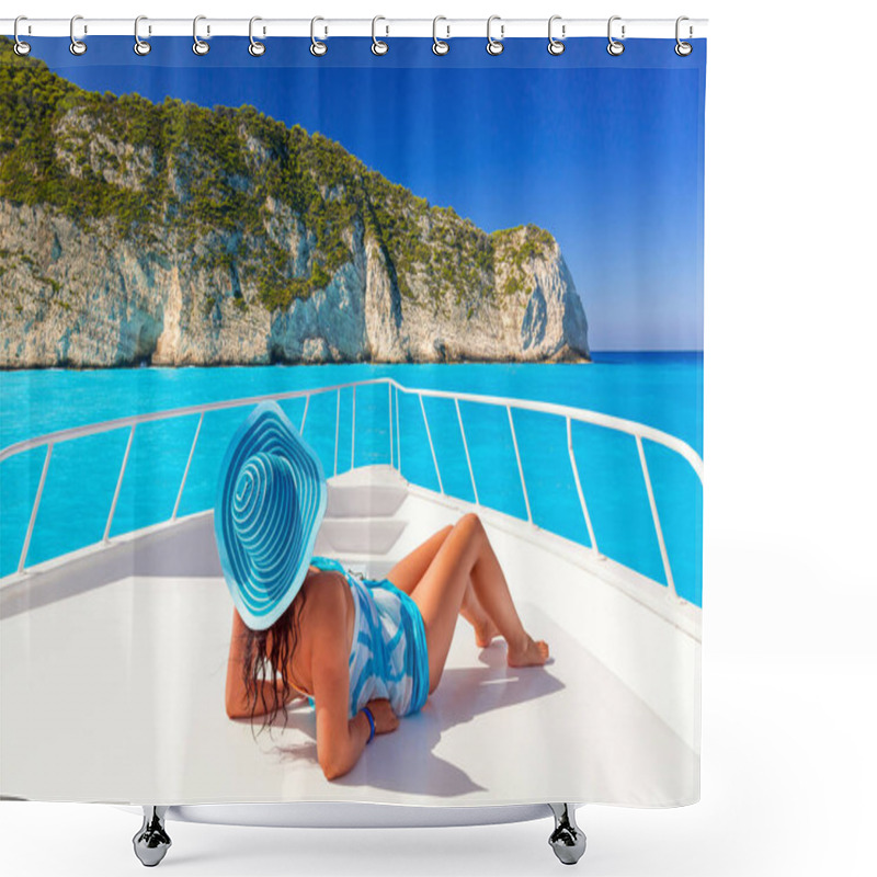 Personality  Beautiful Woman On The Yacht Cruise At The Zakynthos Island, Greece Shower Curtains