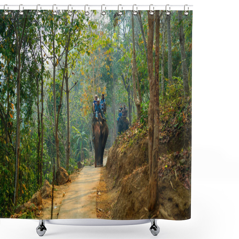 Personality  Chiang Mai, Thailand - March 22, 2019: Tourists Riding Elephants In Wild Forest, At MaeTaeng Elephant Park. People Sitting On Elephant's Backs Shower Curtains