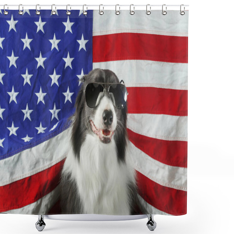 Personality  Beautiful Border Collie In Front Of A USA Flag With Sunglasses Shower Curtains