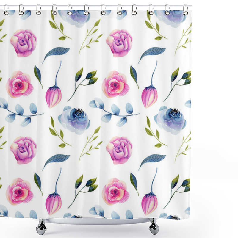 Personality  Watercolor Blue Roses And Pink Peonies Seamless Pattern, Hand Drawn On A White Background Shower Curtains