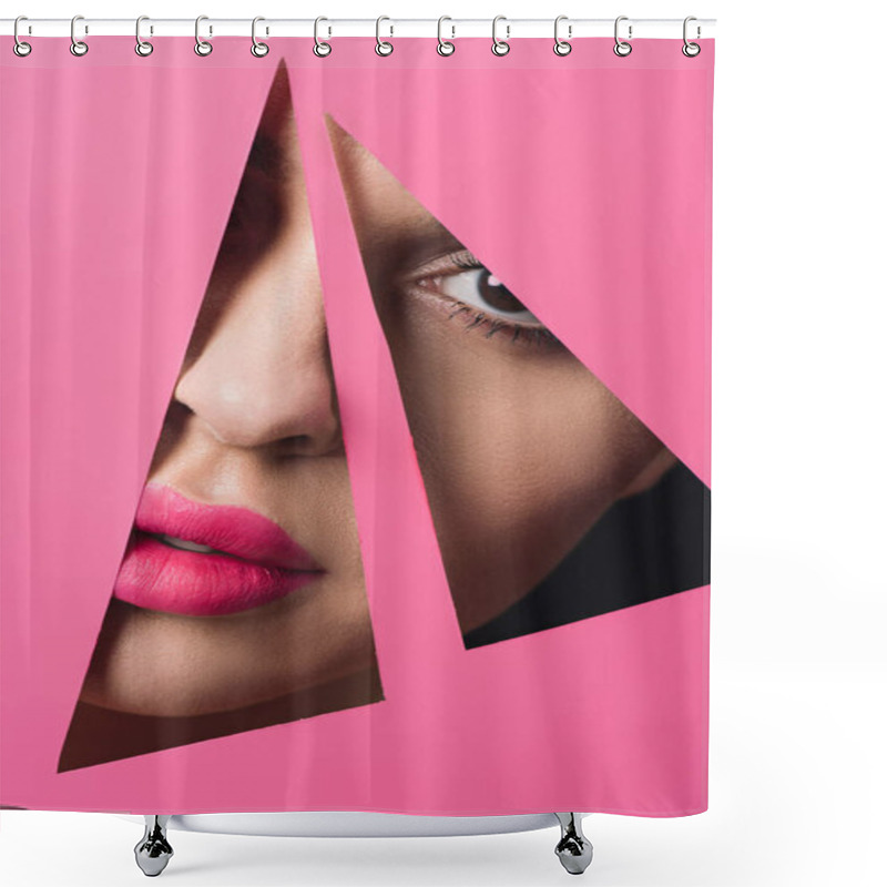 Personality  Girl With Pink Lips Looking At Camera Across Triangular Holes In Paper On Black Background Shower Curtains