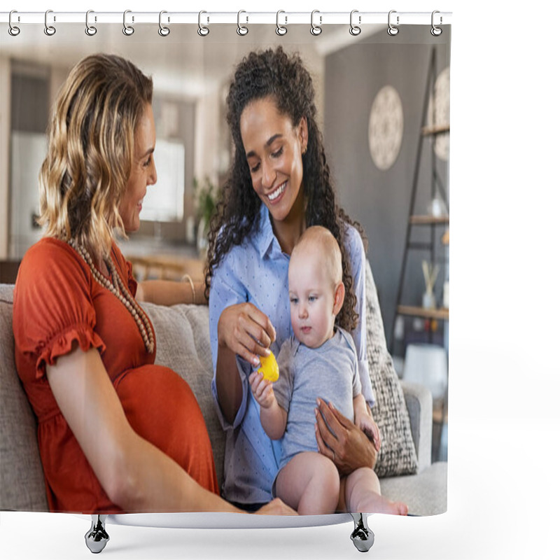 Personality  Happy Multiethnic Friends With Child Sitting On Couch. Pregnant Mother Relaxing At Home With Her Girlfriend. Pregnant Lesbian Gay Couple With One Toddler Son, Assisted Fertilization And Adoption Concept.  Shower Curtains