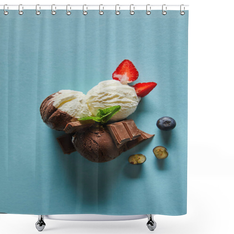 Personality  Top View Of Tasty Brown And White Ice Cream With Berries, Chocolate And Mint On Blue Background Shower Curtains