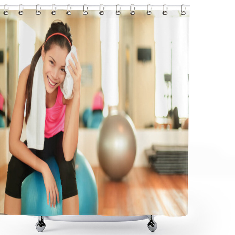 Personality  Woman In Gym Resting On Pilates Shower Curtains