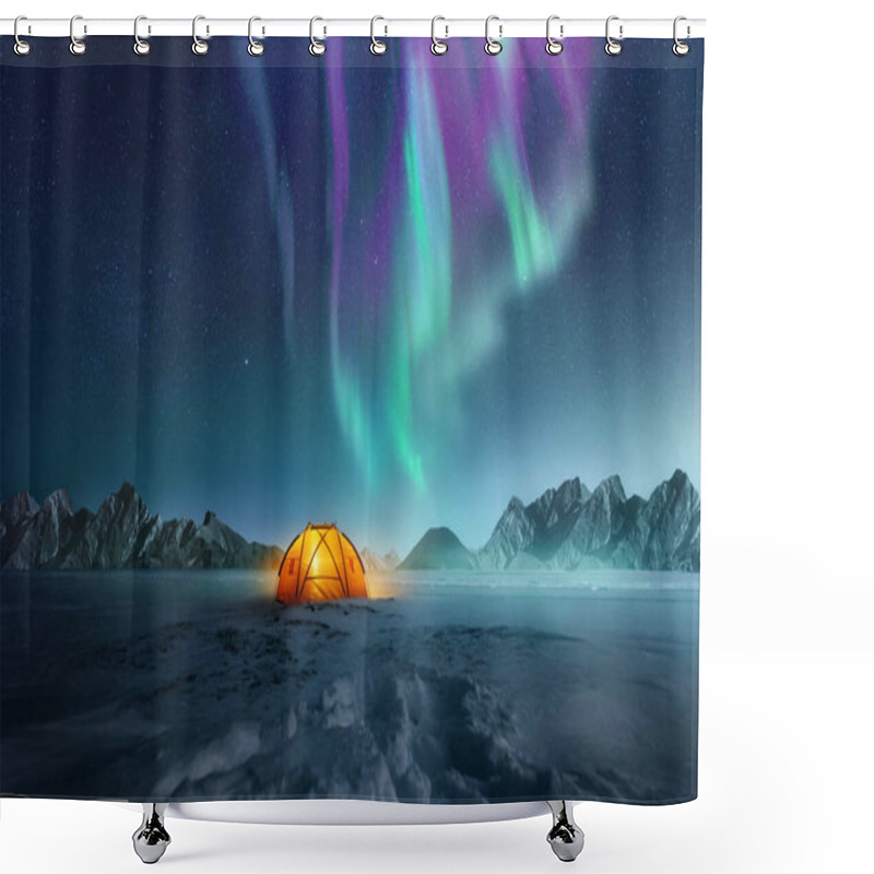 Personality  A Tent Pitched Up In Snow At Night With The Northern Lights Flickering In The Sky Above. Aurora Borealis And Travelling. Photo Composite. Shower Curtains