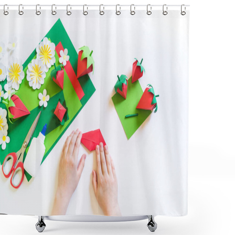 Personality  Origami Strawberry Made Of Craft Paper. Learning At Home. Kid Diy. Hands Of The Child Master Creativity. White Background. Shower Curtains