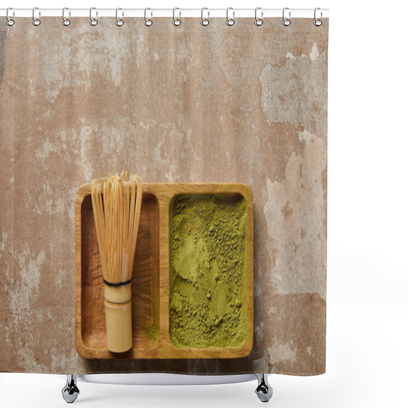 Personality  Top View Of Matcha Powder And Bamboo Whisk On Wooden Board Shower Curtains